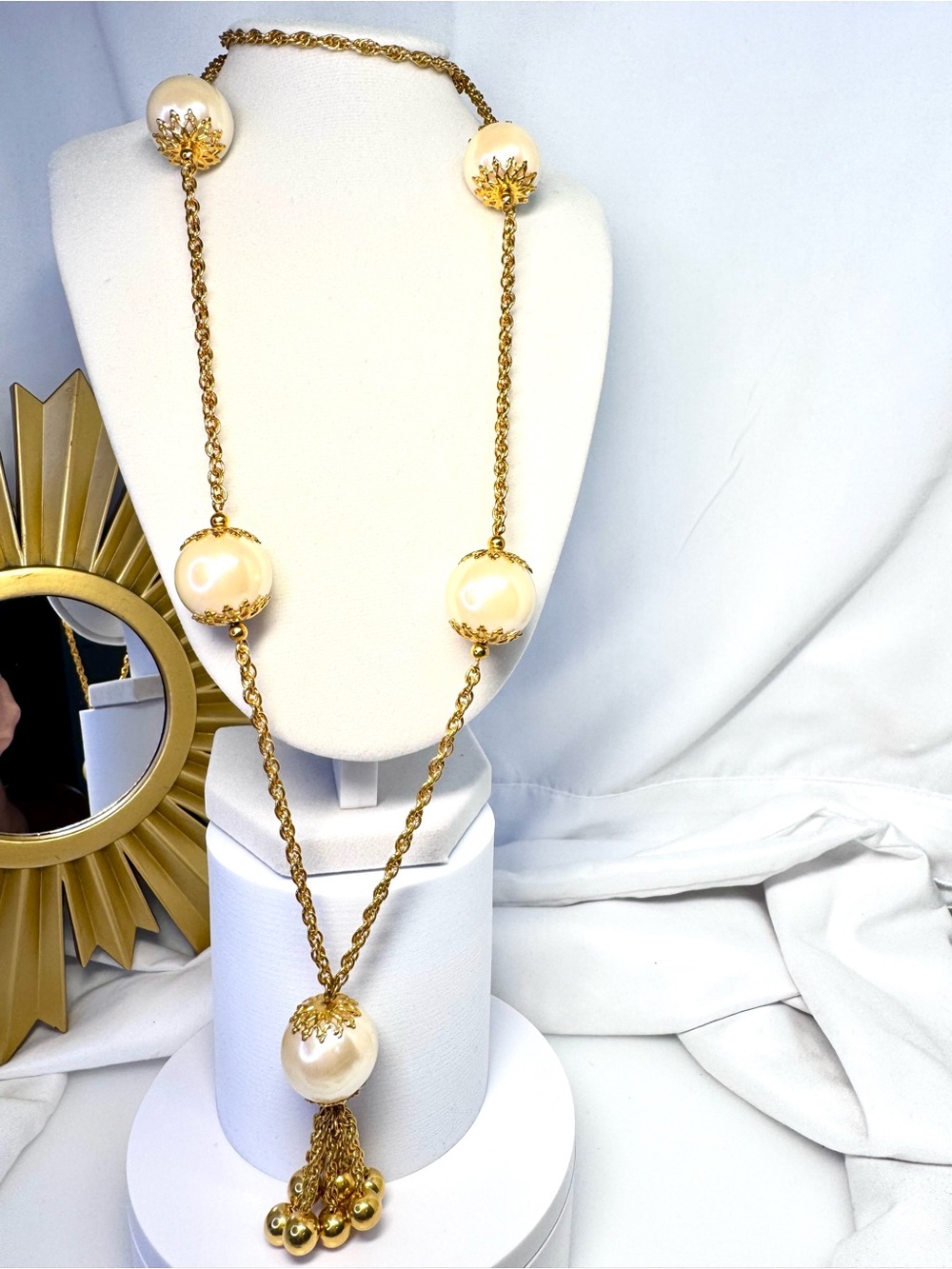 Elegant Gold and Cream Pearl Tassel Necklace